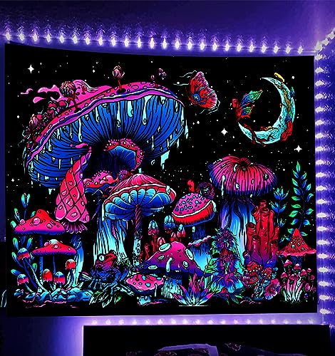 TUGCAY Blacklight Mushroom Tapestry, Glow In The Dark Tapestry Black Light Plant Tapestry Fantasy UV Reactive Mushroom Butterfly Moon Tapestries Posters Wall Hanging for Bedroom Dorm Decor(50'x60')