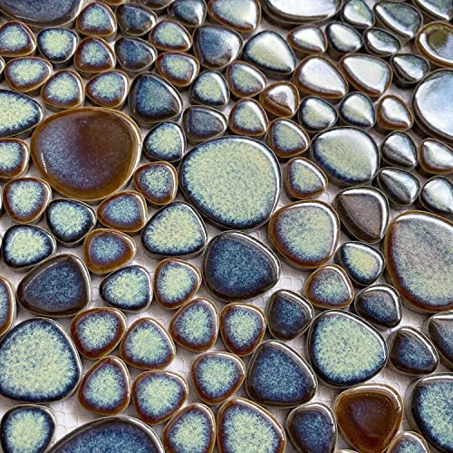 Hominter Interlocking Pebble Tile Aqua Teal Blue Porcelain Mosaic Mesh Mounted 12x12 Waterproof Ceramic Shower Floor & Wall Tiles Kitchen Bath Backsplash Pool Tile(6 Sheets)