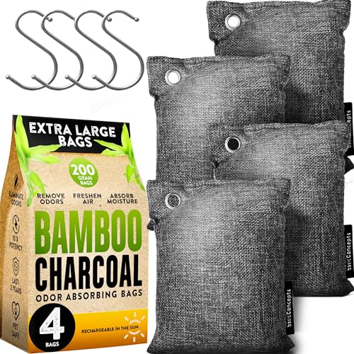 Charcoal Odor Absorber for Strong Odor (Large, 4 Pack, 200g each), Bamboo Charcoal Air Purifying Bag, Basement Musty Odor Eliminator Deodorizer, Activated Charcoal Odor Absorber for Closet, Shoe, Car