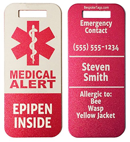 Medic Alert Tag'Epipen Inside' - Customized Engraved Info (Red)