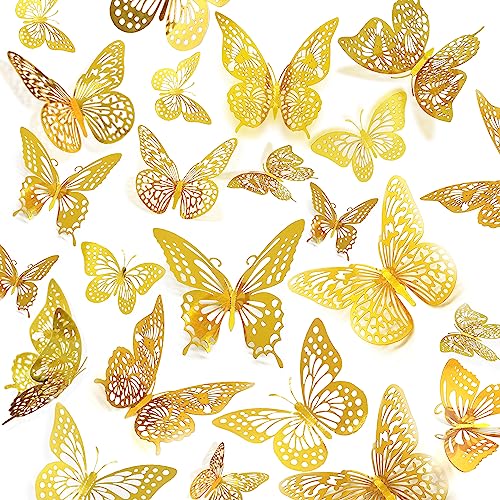 JOSDIOX 3D Butterfly Wall Decor 48 Pcs 4 Styles 3 Sizes, Gold Butterfly Decorations for Butterfly Birthday Decorations Butterfly Party Decorations Cake Decorations, Removable Stickers (Gold)