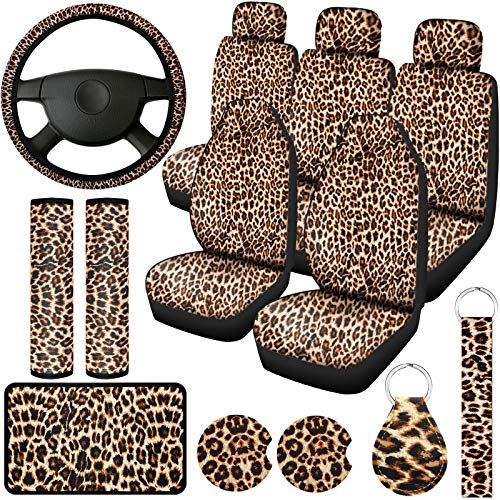 13 Pieces Leopard Print Car Seat Covers Full Set, Leopard Car Accessories Set, Leopard Seat Covers Steering Wheel Cover, Car Pads Armrest Pad Cover Seat Belt Pads and Keychain Wrist Holder