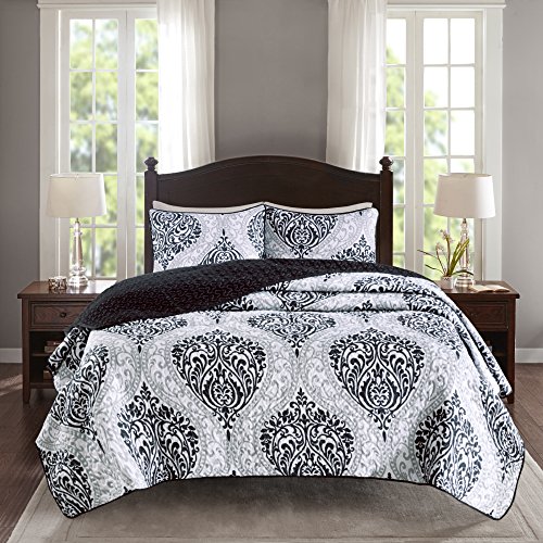 Comfort Spaces Coco 3 Piece Quilt Coverlet Bedspread Ultra Soft Printed Damask Pattern Hypoallergenic Bedding Set, King, Black