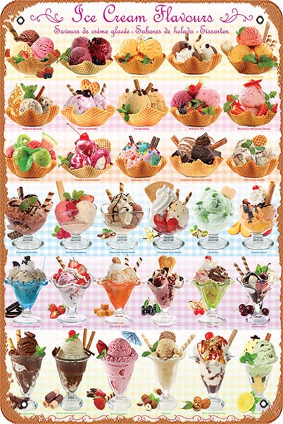 The Ice Cream Flavours Poster (33 Varieties in Ice Cream Sundaes) Vintage Metal Signs,Funny Poster Sign Wall Art Decor Plaque for Musical Man Cave Farmhouse Bar Pub Club Cafe Bathroom Film Poster