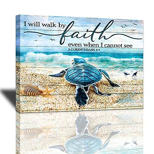 Tourrest Scripture Holy Bible Wall Art Teal Sea Turtle Walk by Faith Canvas Print Quotes Framed Artwork Blue Ocean Beach Coast Scenery Poster Motivational Animal Large Wooden Wall Décor, 16 x 12 in