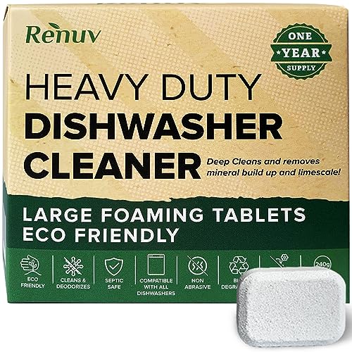 Renuv Heavy Duty Dishwasher Cleaner, Deodorizer, Descaler Tablets, Deep Cleans, Removes Odor, Calcium, Limescale, Hard Water Marks (12 Tabs - 1 Yr Supply)