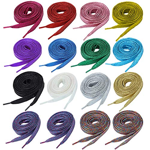 WILLBOND 16 Pairs Glitter Flat Shoelaces 42 Inch Solid Color Shoe Laces for Team Sneakers