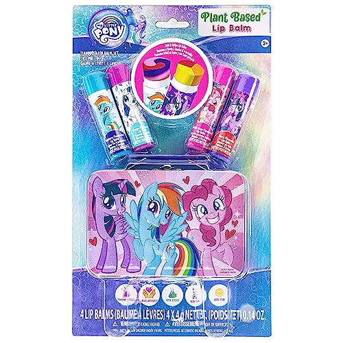My Little Pony 4 Pack Vegan Lip Balm with Collectible Tin Case for Girls, Ages 3+