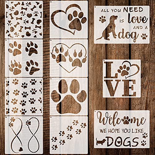 11 Pieces Dog Paw Stencils Trail of Paw Stencil Love Dog Stencils Reusable Painting Templates with Metal Open Ring for DIY Scrapbooks Painting on Wood Home Supplies