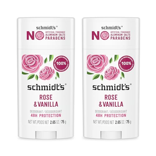 Schmidt's Aluminum-Free Vegan Deodorant Rose & Vanilla with 24 Hour Odor Protection 2 Count for Women and Men, Natural Ingredients, Cruelty-Free, 2.65 oz