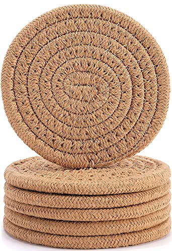 ABenkle 6 Pcs Coasters for Drinks,Super Absorbent Drink Coasters, Stylish Handmade Round Woven Coaster for Coffee Table Tabletop Protection Housewarming Gift for Home Decor - 4.3 Inches, Brown