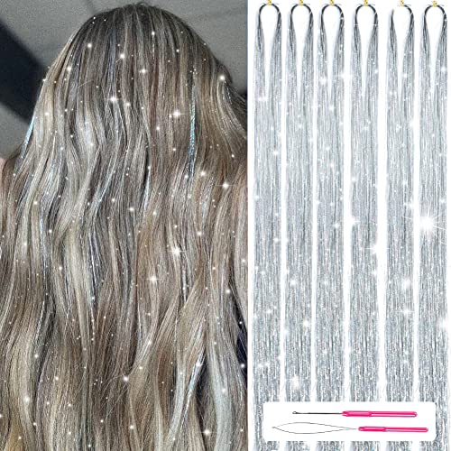 MISSUHUI Hair Tinsel Kit With Tools 47Inch 1200 Strands Glitter Tinsel Hair Extensions Sparkling Shiny Hair Tinsel Strands Kit Heat Resistant for Women Girls 6Pcs (Silver)