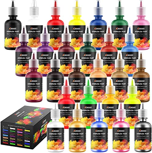 XDOVET Airbrush Paint, 28 Colors Airbrush Paint Set (30 ml/1 oz), Ready to Spray, Opaque & Neon Colors, Water-Based, Premium Acrylic Airbrush Paint Kit for Beginners, Hobbyist and Artists1