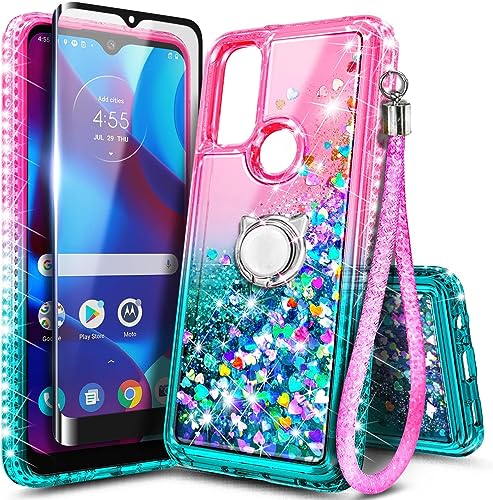 NZND Case for Motorola Moto G Play (2023) with Tempered Glass Screen Protector (Maximum Coverage), Ring Holder/Wrist Strap, Glitter Liquid Floating Waterfall Girls Cute Phone Case (Pink/Aqua)