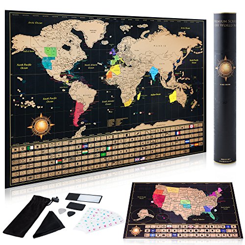 Scratch Off World Map Poster And Deluxe United States Map – Includes Complete Accessories Set & All Country Flags – Premium Wall Art Gift for Travelers, Map of the World, Black