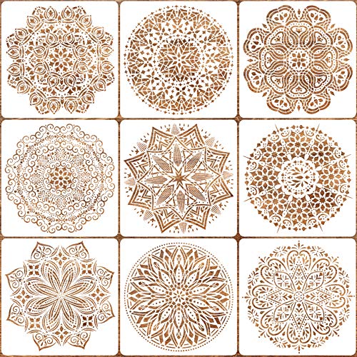 Eunvabir 9 Pack 12x12'' Mandala Stencils for Painting on Wood, Floor, Wall, Tile Fabric, Reusable Furniture Stencils Painting Template