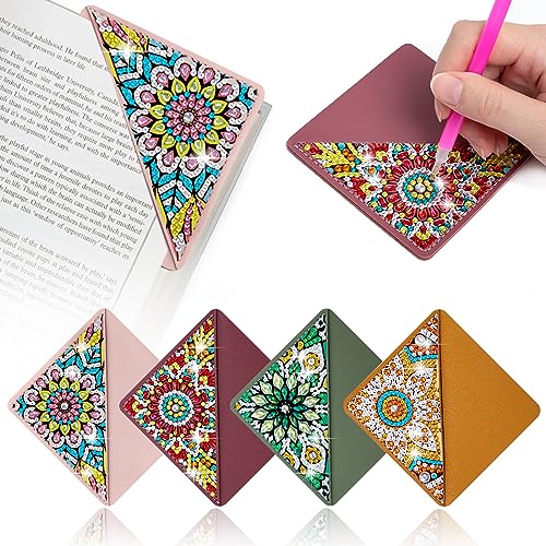 WIVICO 4 Pcs Diamond Art Painting Bookmarks,DIY Diamond Art Bookmarks for Book Lovers, Triangle Making Corner Bookmark Kits for Kids Adults(Mandala)