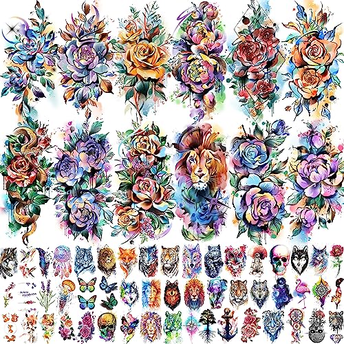 EGMBGM 63 Sheets 3D Watercolor Rose Temporary Tattoos For Women Arm Girls Adults, Water Color Peony Flower Tattoo Sticker, Bulk Temp Fake Long Lasting Tattoo Colorful Floral Moon Snake Lion Wolf Tiger