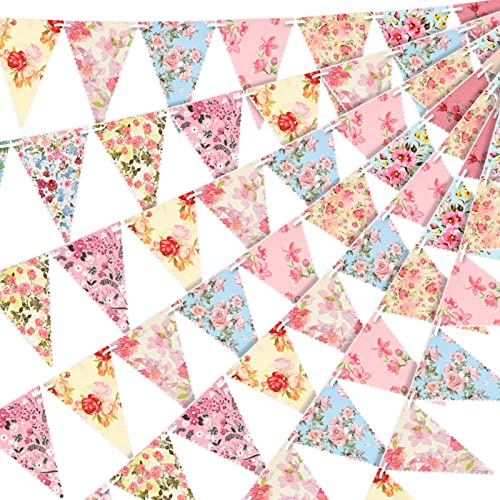 5 Pieces Vintage Bright Floral Paper Garland Chic Tea Party Garland Wildflower Garland Floral Triangle Banner for Wedding Birthday Parties Baby Shower Festivals Garden Home Outdoor Hanging Decorations