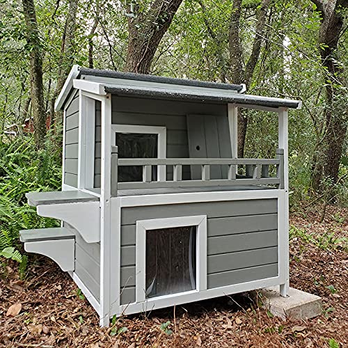 Aivituvin Outdoor Feral Cat House Wooden Kitty Shelter with Large Balcony,Escape Door,Waterproof