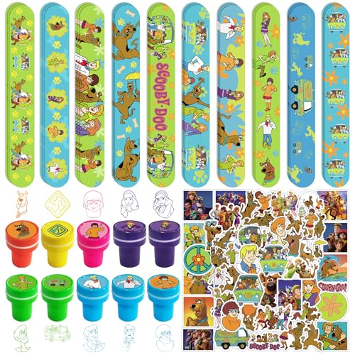 DOCOKY Cartoon Dog Party Favors, Cartoon Dog Birthday Party Supplies Include 30pcs Slap Bracelets, 10pcs Stampers, 50pcs Stickers, Cartoon Dog Party Decorations for Goodie Bag Stuffers