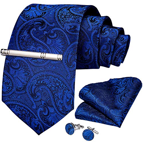 DiBanGu Silk Royal Blue Paisley Ties for Men Party Wedding,Woven Gift Necktie and Handkerchief Cufflinks with Tie Clip Formal