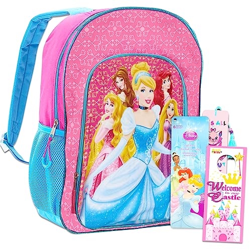 Disney Princess Backpack Set For Girls - 4 Pack Bundle With Deluxe 15' Princess School Bag, Princess Stickers, Aristocats Bookmark, Castle Door Hanger, and More | Princess School Supplies For Kids