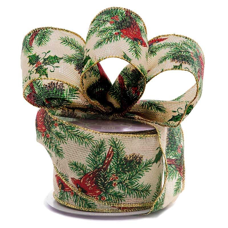 Paper Mart Cardinal and Holly Wired Ribbon, 2.5 Inches Wide x 10 Yards, Thick Holiday Ribbon for Gift Wrap and Crafting