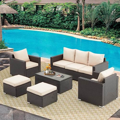 GYUTEI Outdoor Patio Funiture Set, 6 Piece Weaving Wicker Rattan Sofa Modern High Back Seating with Outdoor Sectional Sofa 2 Ottomans,All Weather Cushions and Wooden Table (Khaki)