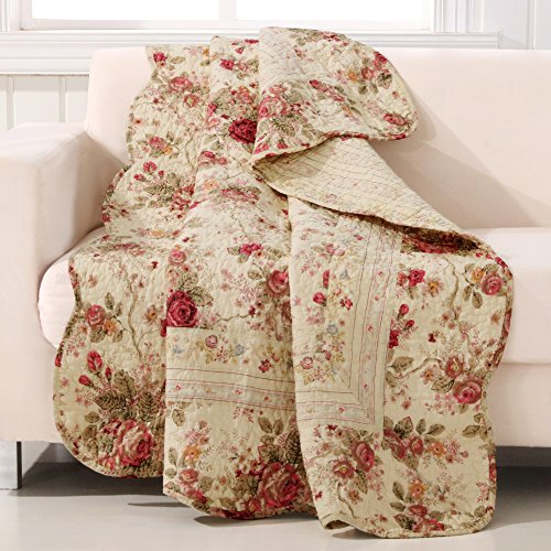 Greenland Home Antique Rose - Classic Traditional Floral - 100% Cotton Quilted Throw Blanket, 50 x 60 inches, Ecru