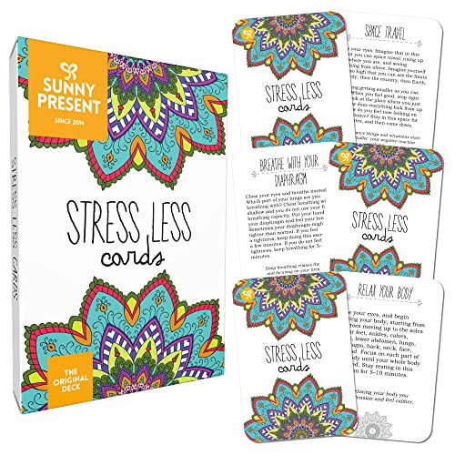 Sunny Present Stress Less Cards - 50 Mindfulness & Meditation Exercises - Self Care Cards That Helps Relieve Stress and Anxiety - The Original Deck