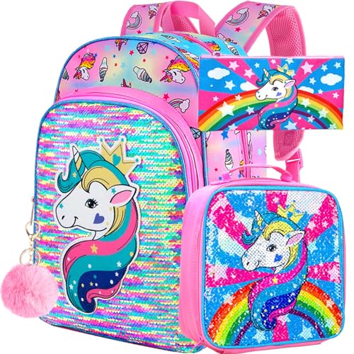 gxtvo 3PCS Unicorn Backpack for Girls, 16' Sequin Prechool Elementary Bookbag and Lunch Box