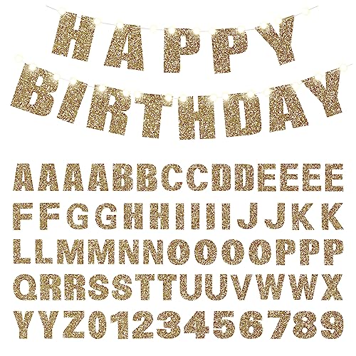 RUBFAC 72pcs DIY Happy Birthday Letters Banner Kit, Glitter Customizable Banner Kit Including 67 Letters and Numbers 3 Rope and 2 Lights, Personalized Banner Wall Decor for Birthday Party