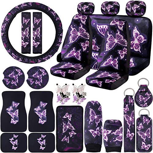 24-Piece Butterfly Car Seat Covers and Accessories Set for Women - Purple Butterfly Pattern