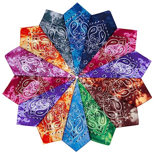 YSense 14Pcs Bandanas Paisley Print Novelty Headband Cowboy Headwraps Scarfs Hair Head Bandana for Women Men Multi-colored Tie-dye