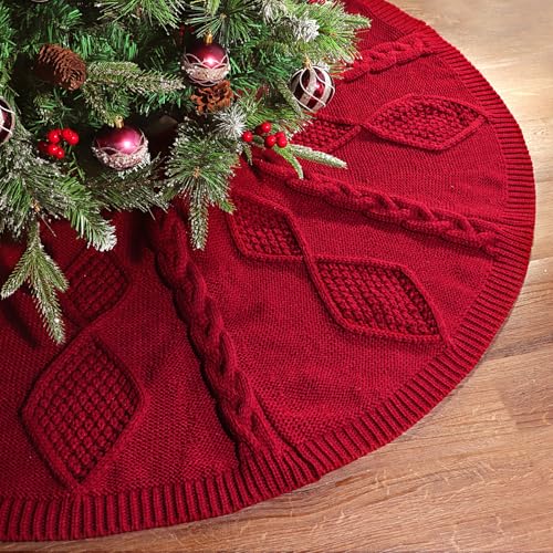 LimBridge Knitted Christmas Tree Skirt: 48 Inches Wine Red Tree Skirt, Diamond Braided Cable Knit Thick Rustic Christmas Tree Decorations, Farmhouse Christmas Decor Xmas Holiday Home Party Decorations