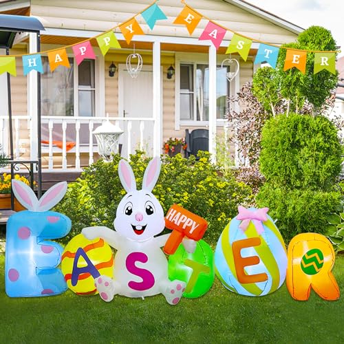 Joliyoou 8FT L Easter Inflatable Yard Decoration, Lighted Blow Up Bunny Sitting with Easter Eggs, Light Up Air Blown Rabbit Happy Easter for Spring Holiday Lawn Garden Indoor Outdoor Decors
