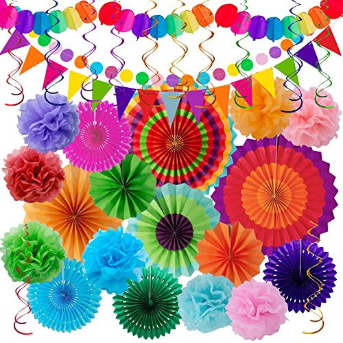 Huryfox Fiesta Party Decorations - 33pcs Colorful Mexican Themed Hanging Paper Fans, Rainbow Paper Pom Poms, Fiesta Bunting and Tissue Paper Streamers for Birthday, Festival, and Rainbow Parties