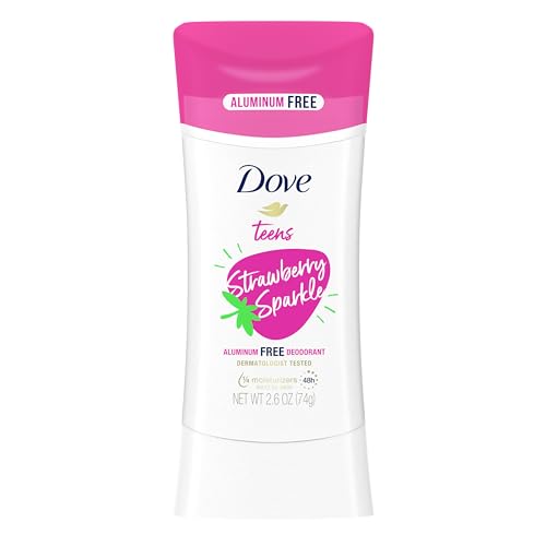 Dove Teens Deodorant Stick Strawberry Sparkle, for gentle underarm care, 48-hour odor protection and aluminum free deodorant, 2.6 oz