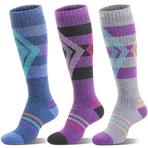 Welwoos Merino Wool Ski Socks for Womens Mens Thermal Winter Warm Thick Knee High Gift Sock Stocking Stuffers for Skiing Outdoor Sports Snowboarding 3 Pairs (Blue/Purple/Grey B,M)