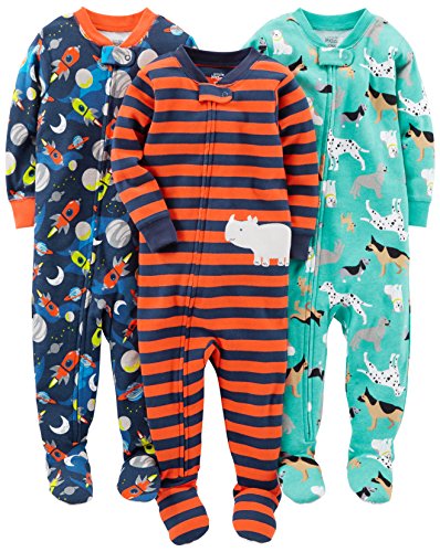 Simple Joys by Carter's Baby Boys' 3-Pack Snug Fit Footed Cotton Pajamas, Navy Space/Rust Stripe/Turquoise Green Dogs, 18 Months