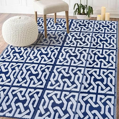 SAND MINE Reversible Mats, Plastic Straw Rug, Modern Area Rug, Large Floor Mat Rug for Outdoors, RV, Patio, Backyard, Deck, Picnic, Beach, Trailer, Camping, Dark Blue & White, 5' x 8'