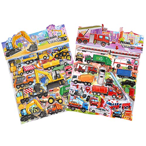 SHANGRLA Large Puffy Stickers Playset:Construction and Vehicle for Toddlers Boys Kids Travel Airplane Activities Reusable 3D Sticker with Trucks Tractor Police Car Fire Truck Ambulance,Road Trip Toys.