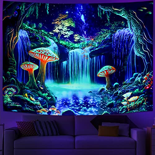 Ameyahud Blacklight Fantasy Forest Tapestry UV Reactive Waterfall Tapestry Trippy Starry Sky Tapestry Neon Nature Plant Tapestry Wall Hanging Decor for Home