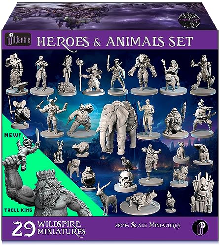 Wildspire Heroes, NPC Animal Companions & Troll King for DND Miniatures Bulk 28mm DND Minis Dungeons and Dragons Miniatures D&D Miniatures Dungeons and Dragons Figures Unpainted Pathfinder Miniatures