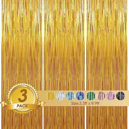 Birthday Party Decorations: 3 Pack 3.3 x 9.9 ft Gold Foil Fringe Curtains Party Supplies, Tinsel Curtain Backdrop for Parties/Birthday/Photo Booth
