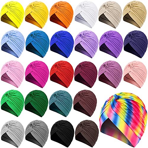 27 Pieces Stretch Turbans Twisted Pleated Headwraps Assorted Colors Head Beanies India's Hair Covers Solid Head Coverings for Women Girls Sleeping Head Accessories, 27 Colors