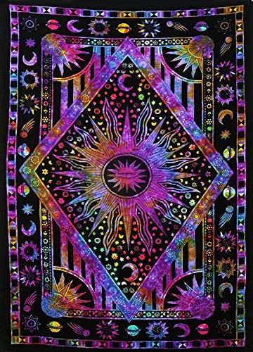 ANJANIYA Burning Sun Tie Dye Tapestry, Celestial Sun Moon Star Planet Bohemian Poster Tapestry Tarot Wall Hanging Boho Hippie Hippy Beach Coverlet Curtain (Purple Multi, 30'X40')