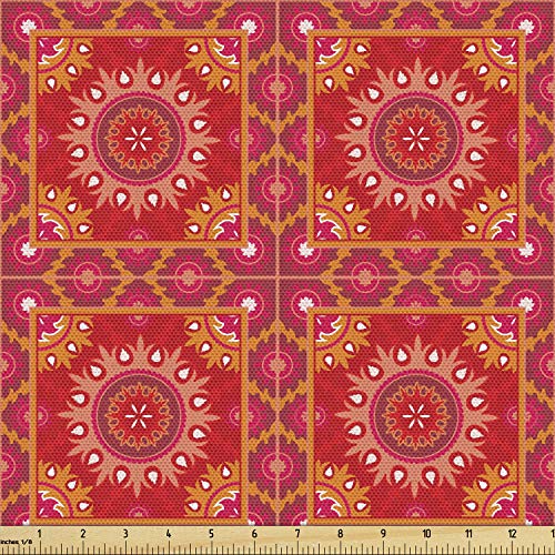 Ambesonne Mandala Fabric by The Yard, Oriental Frames Squares with Inspired Elements Symmetric Tile Illustration, Decorative Fabric for Upholstery and Home Accents, 1 Yard, Coral Vermilion