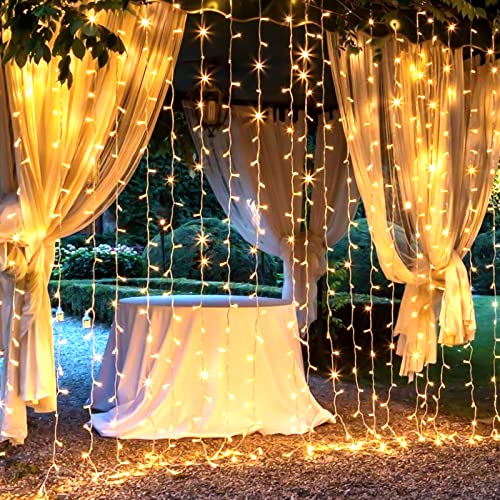 Brightown 300 LED Curtain Lights for Bedroom 9.8 FT Hanging Window Lights with Remote, Connectable, 8 Modes, Waterproof Fairy Lights for Outdoor Indoor Christmas Holiday Party, Warm White